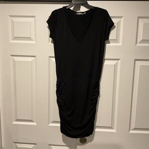 Athleta Black Ruched Skirt V-Neck Stretchy Midi Dress y2k sz Small